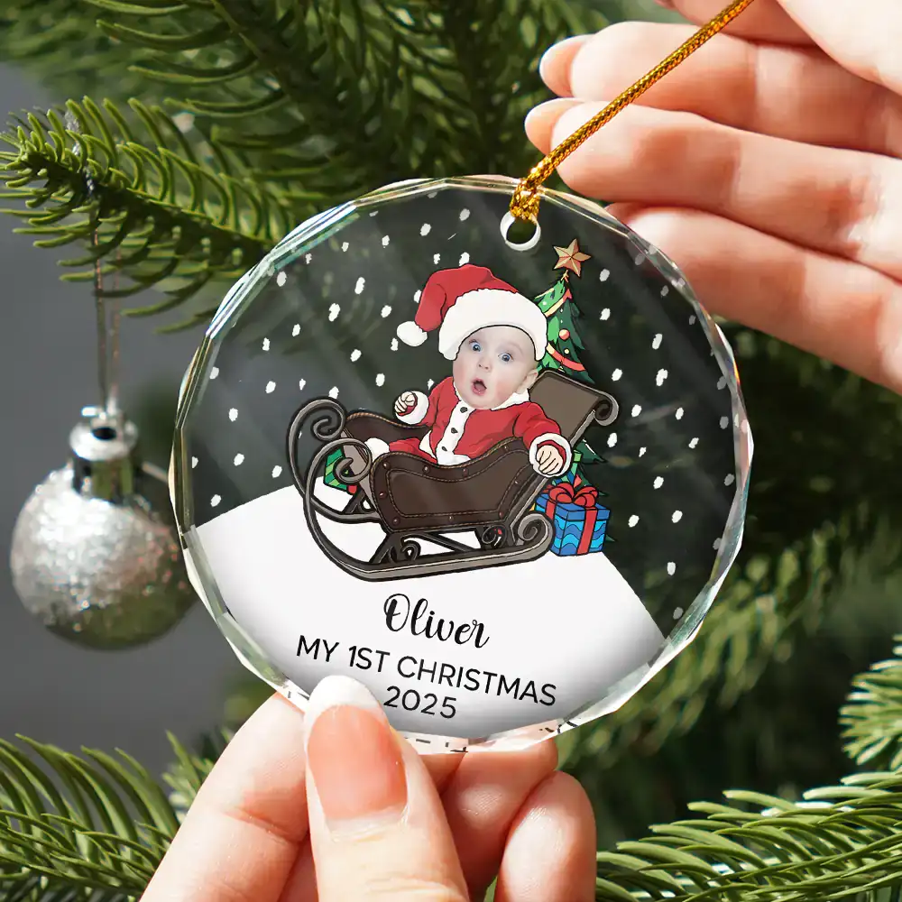 Custom Photo My First Christmas Baby Costumes - Personalized Circle Glass Ornament - Image 3