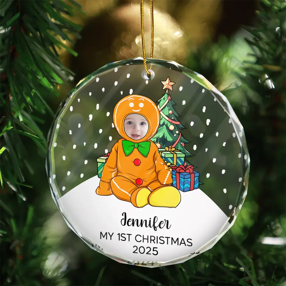 Custom Photo My First Christmas Baby Costumes - Personalized Circle Glass Ornament - Image 4