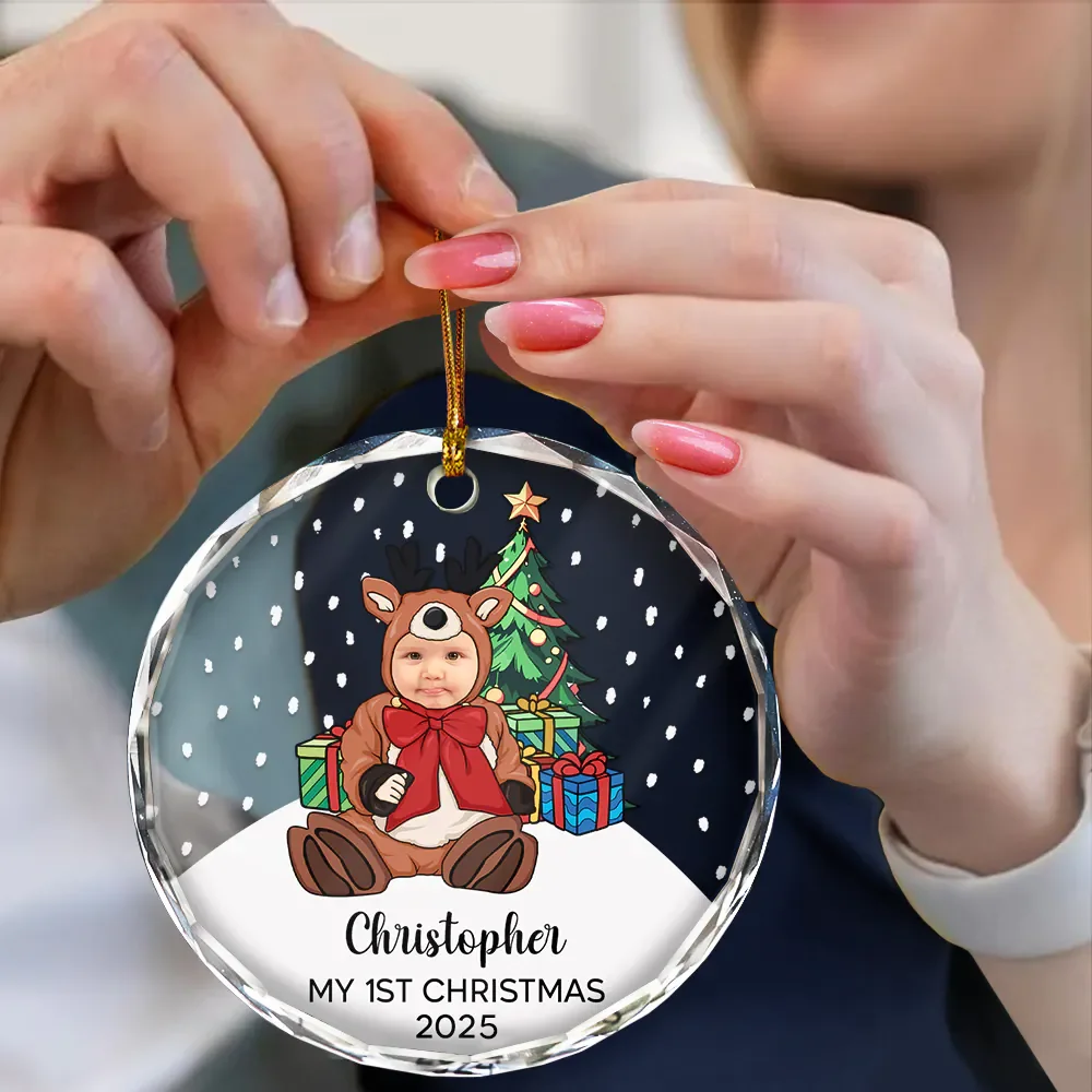 Custom Photo My First Christmas Baby Costumes - Personalized Circle Glass Ornament - Image 5