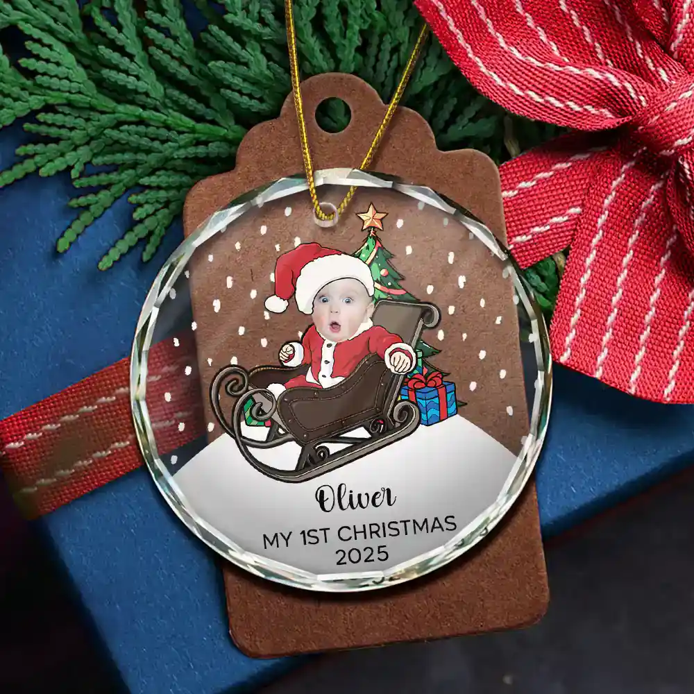 Custom Photo My First Christmas Baby Costumes - Personalized Circle Glass Ornament - Image 6