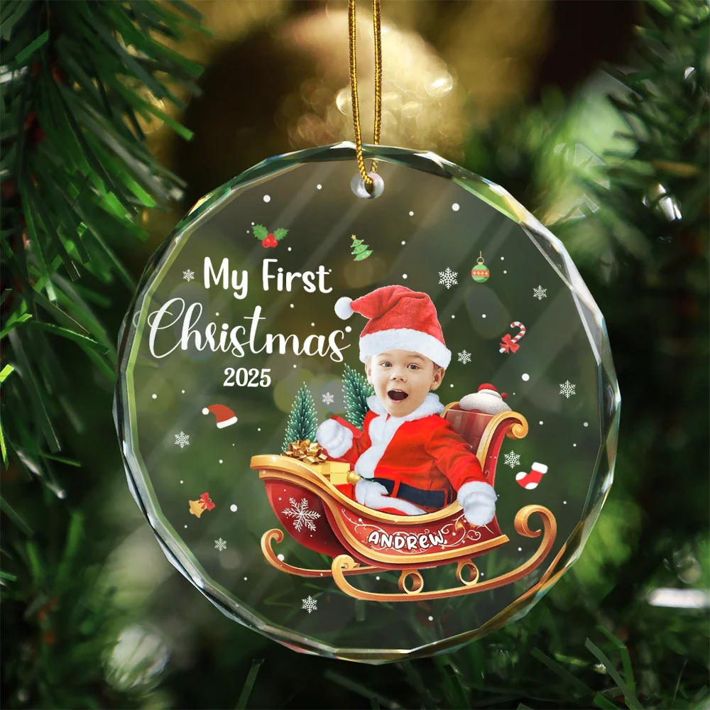 Custom Photo My First Christmas - Personalized Circle Glass Ornament - Image 4