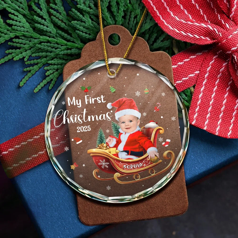 Custom Photo My First Christmas - Personalized Circle Glass Ornament - Image 6