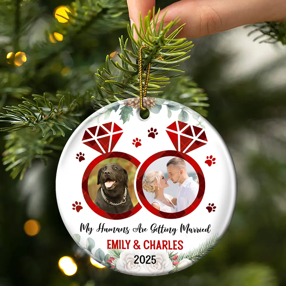 Custom Photo My Humans Are Getting Married - Personalized Circle Ceramic Ornament - Image 3