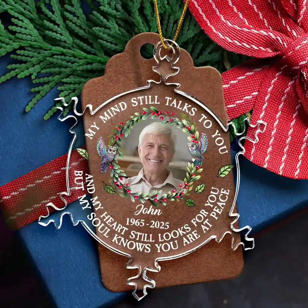 Custom Photo My Mind Still Talks To You Memorial - Personalized Snowflakes Shaped Glass Ornament - Image 5
