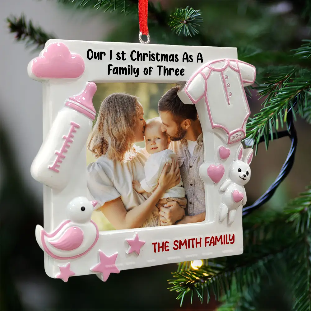 Custom Photo New Baby First Christmas As A Family Of Four - Personalized Embossed Ceramic Ornament - Image 2