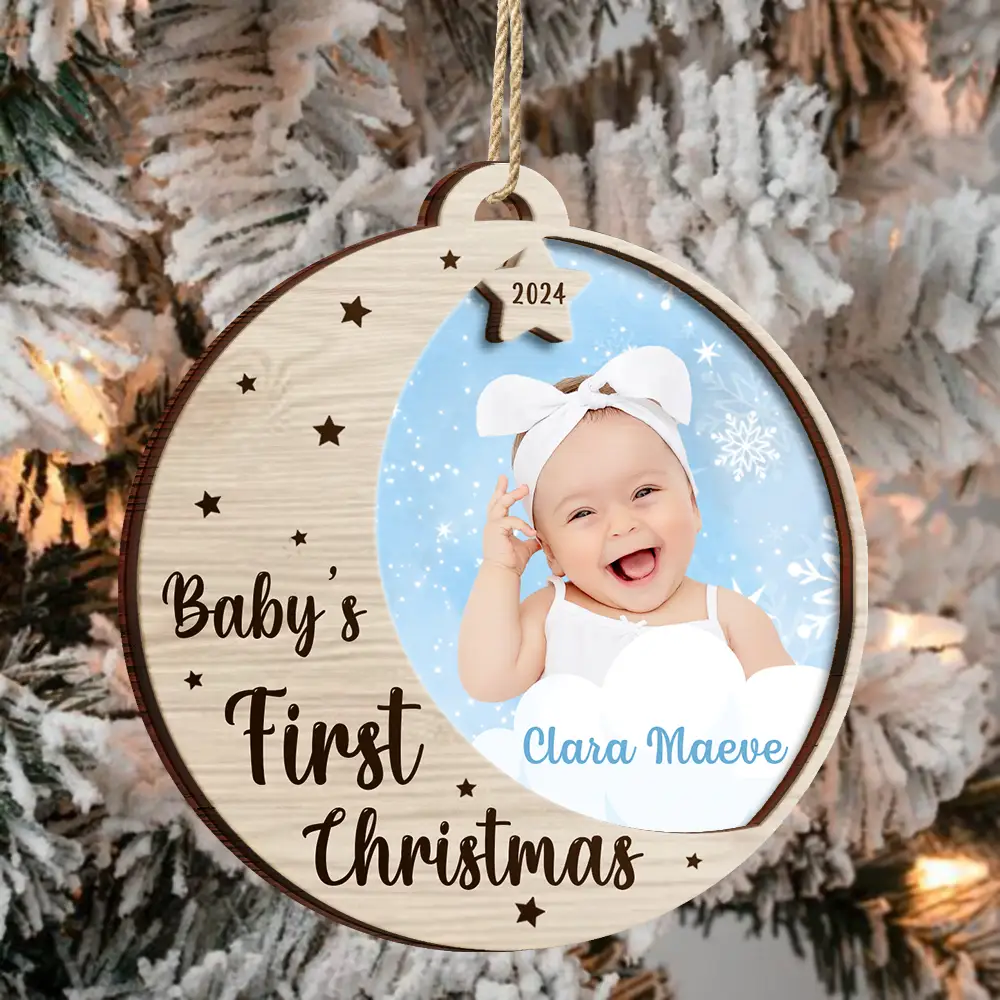 Custom Photo New Baby's First Christmas - Personalized 2-Layered Wooden Ornament - Image 3
