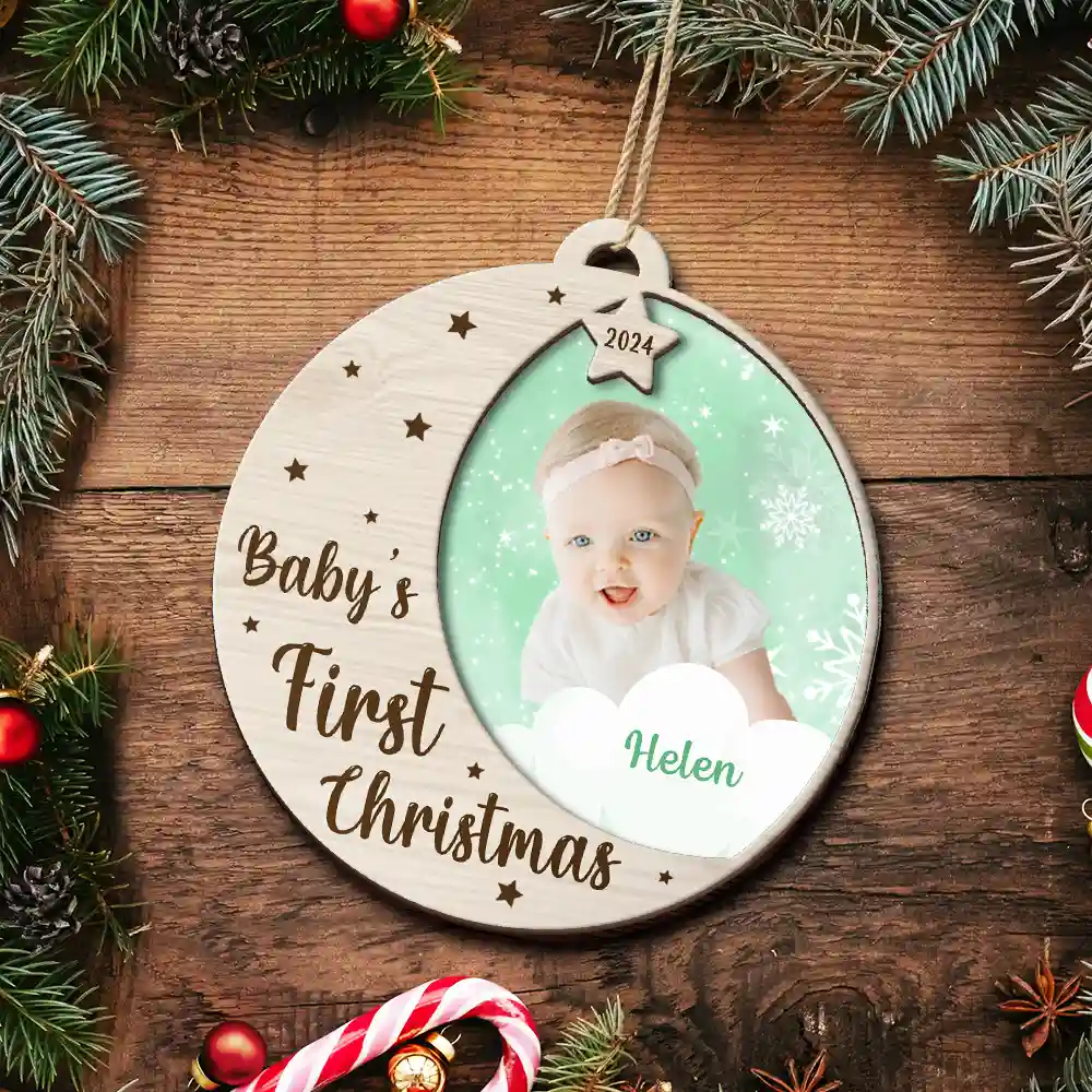 Custom Photo New Baby's First Christmas - Personalized 2-Layered Wooden Ornament - Image 5