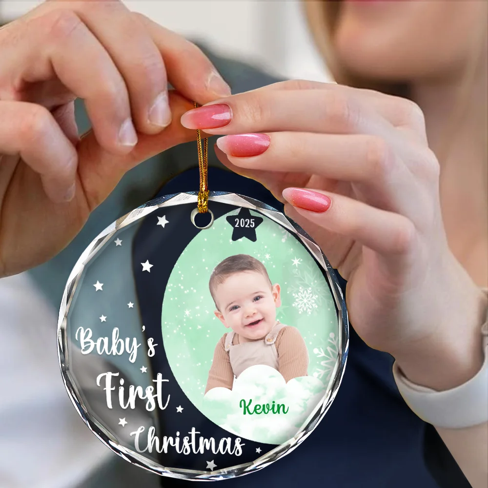 Custom Photo New Baby's First Christmas - Personalized Circle Glass Ornament - Image 5