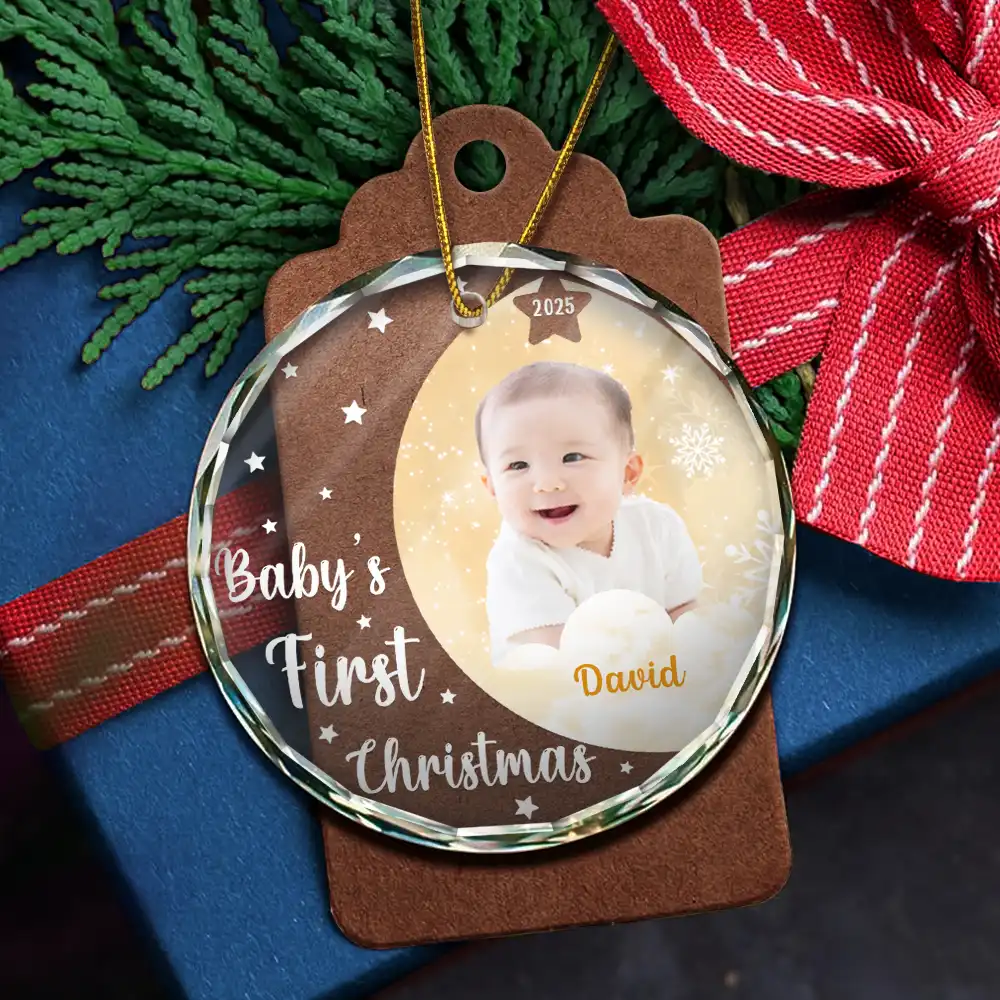 Custom Photo New Baby's First Christmas - Personalized Circle Glass Ornament - Image 6