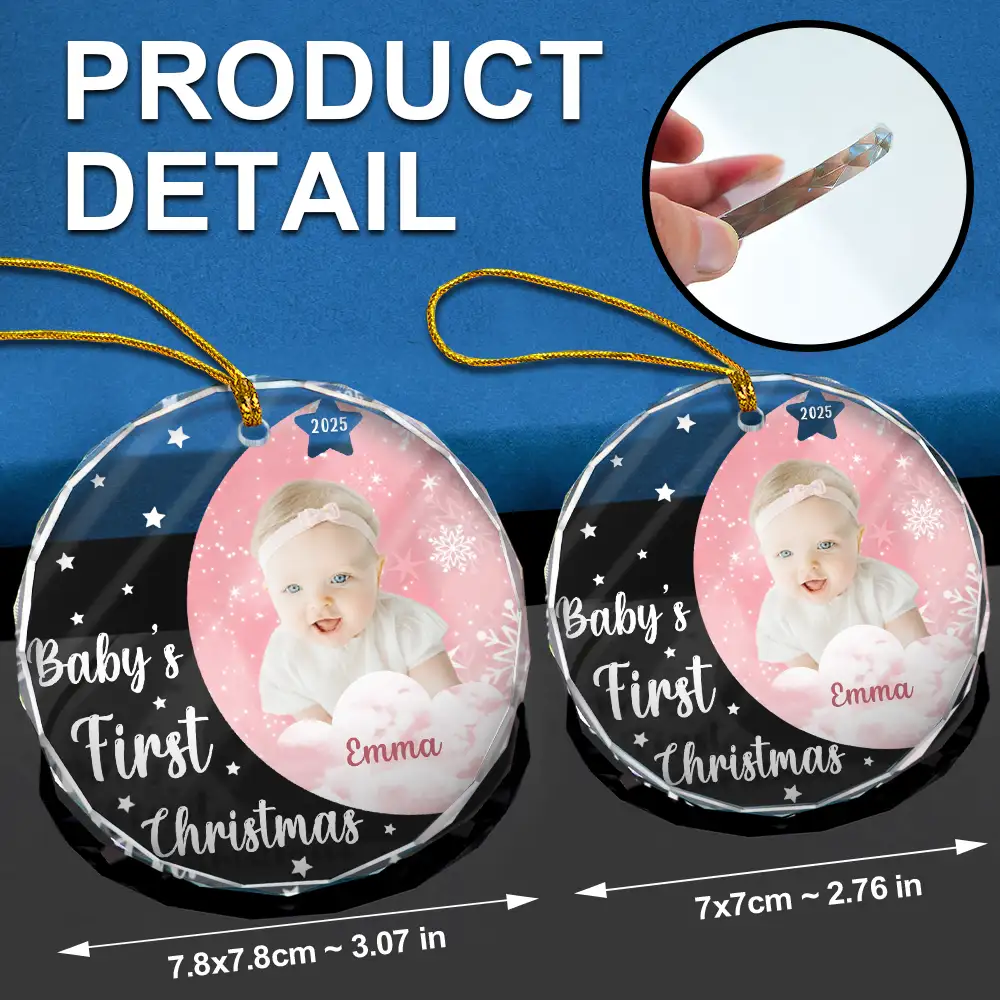Custom Photo New Baby's First Christmas - Personalized Circle Glass Ornament - Image 7