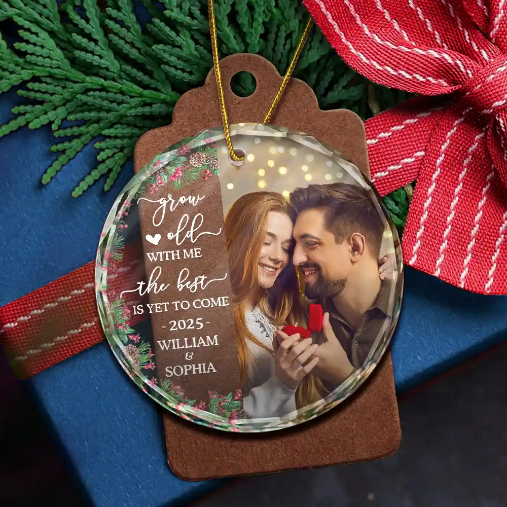Custom Photo Newly Engaged Couple The Best Is Yet To Come - Personalized Circle Glass Ornament - Image 5