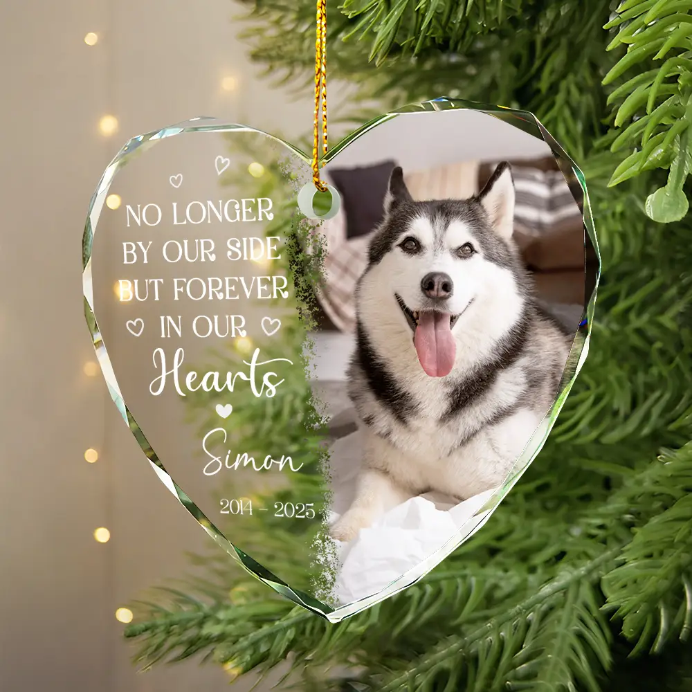 Custom Photo No Longer By My Side Pet Loss - Personalized Heart Shaped Glass Ornament - Image 2