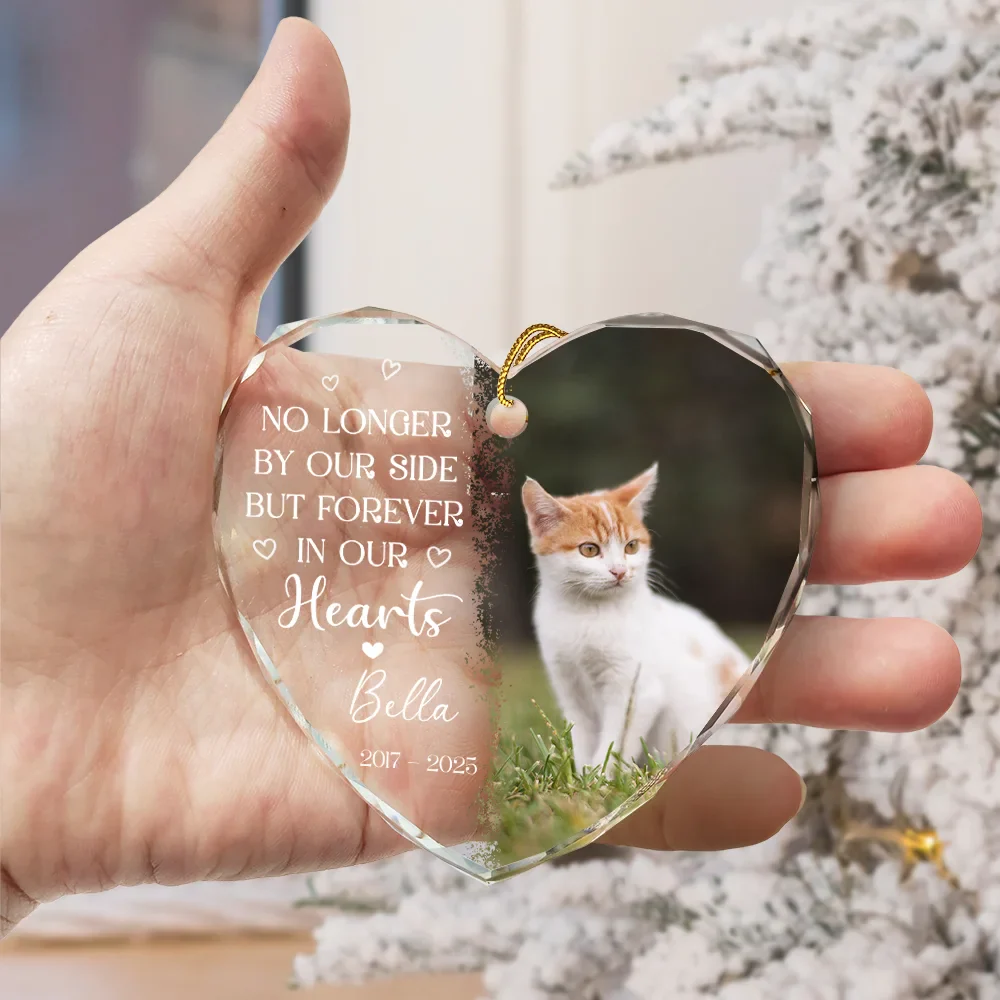 Custom Photo No Longer By My Side Pet Loss - Personalized Heart Shaped Glass Ornament - Image 3