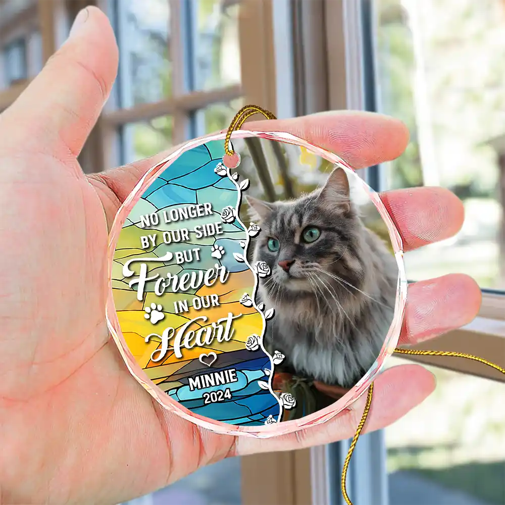 Custom Photo No Longer By Our Side Dog Cat Pet Memorial Heart - Personalized Circle Glass Ornament - Image 4