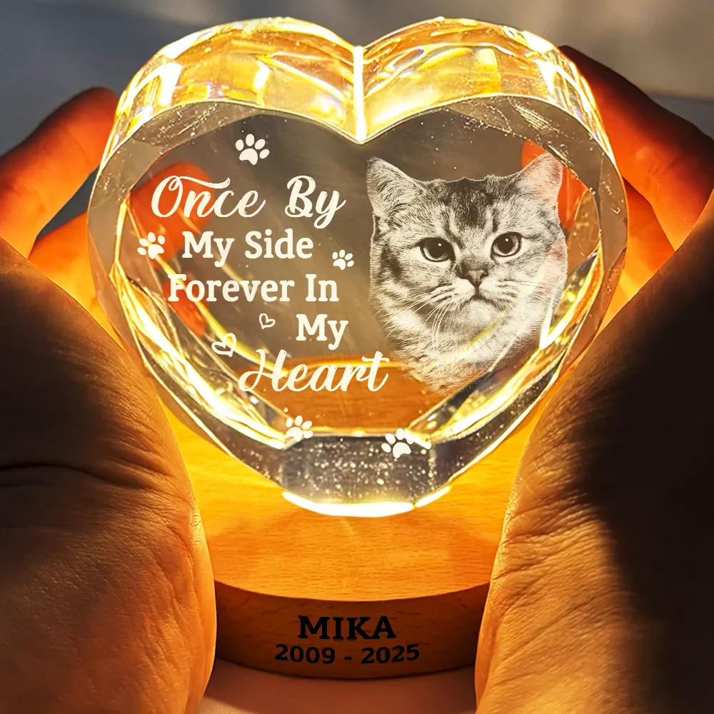 Custom Photo Once By My Side Forever In My Heart Memorial Dog Cat - Personalized Crystal Heart Shaped Lamp - Image 5