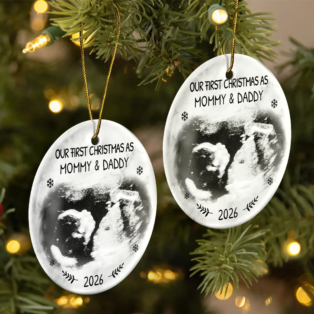 Custom Photo Our First Christmas As Mommy And Daddy Expecting Parents - Personalized Circle Ceramic Ornament - Image 2