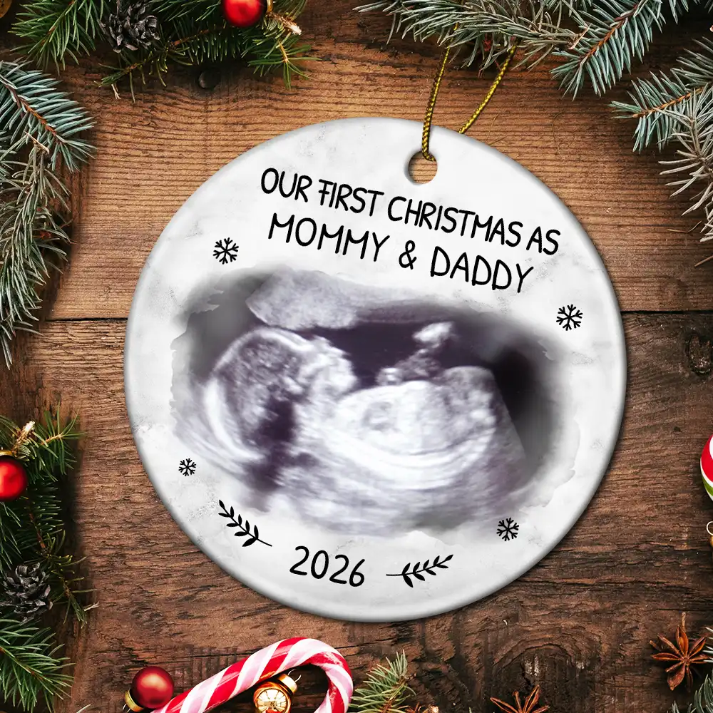 Custom Photo Our First Christmas As Mommy And Daddy Expecting Parents - Personalized Circle Ceramic Ornament - Image 5