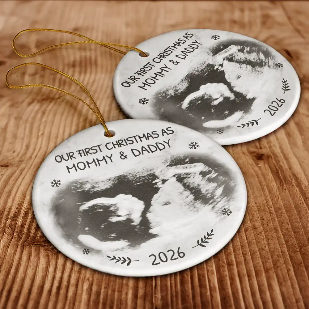 Custom Photo Our First Christmas As Mommy And Daddy Expecting Parents - Personalized Circle Ceramic Ornament - Image 6