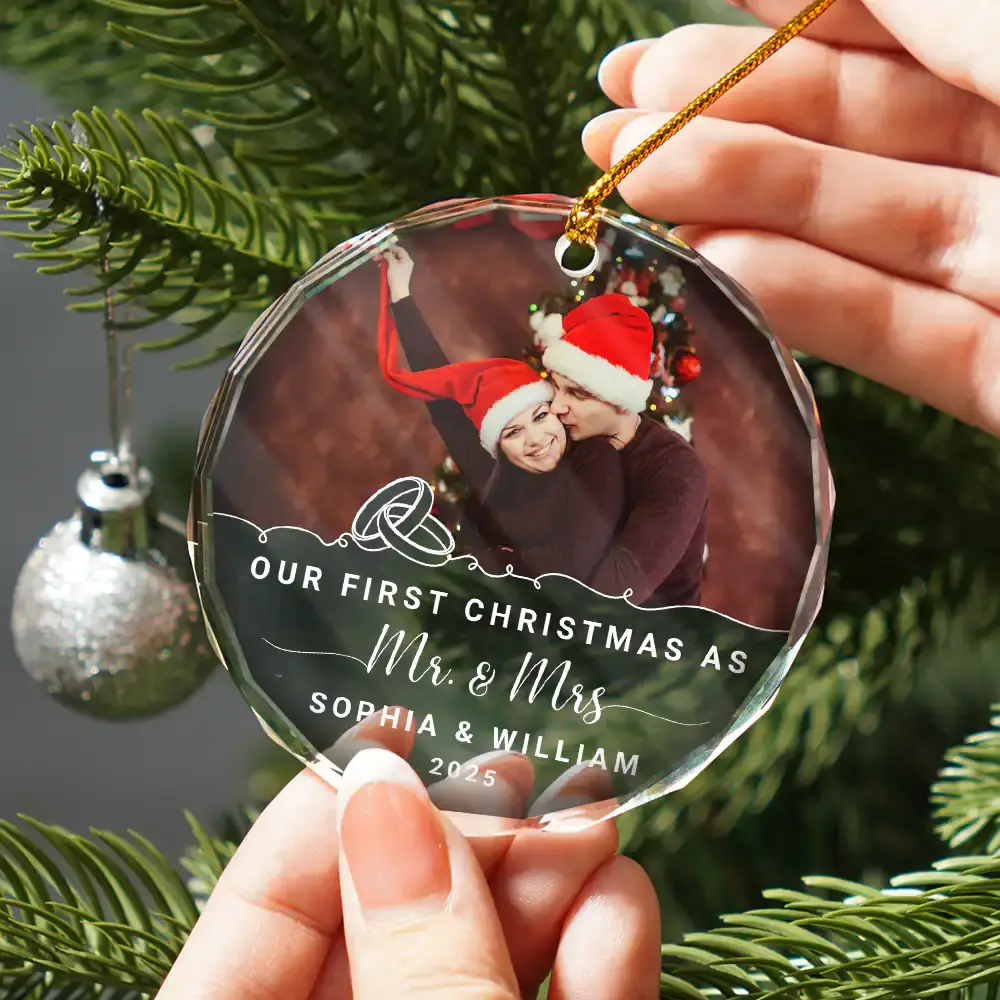 Custom Photo Our First Christmas Engaged - Personalized Circle Glass Ornament - Image 2