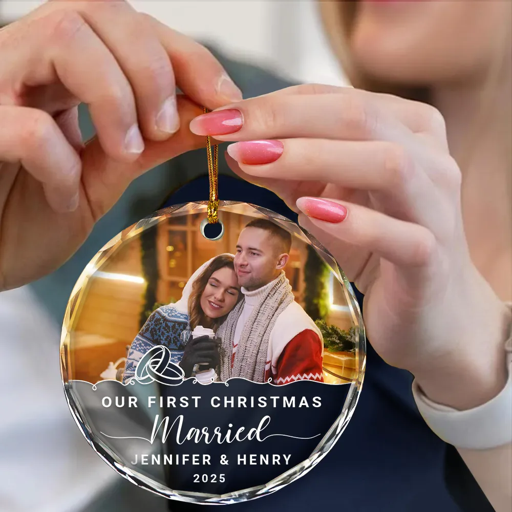 Custom Photo Our First Christmas Engaged - Personalized Circle Glass Ornament - Image 4