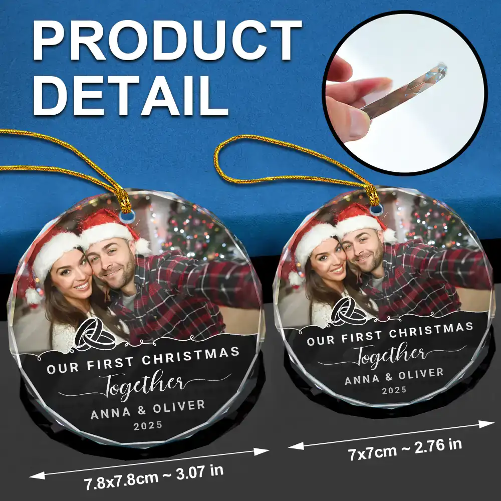 Custom Photo Our First Christmas Engaged - Personalized Circle Glass Ornament - Image 6