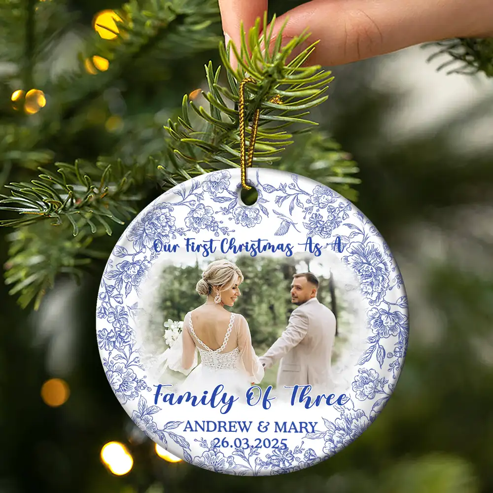 Custom Photo Our First Christmas Married - Personalized Circle Ceramic Ornament - Image 3