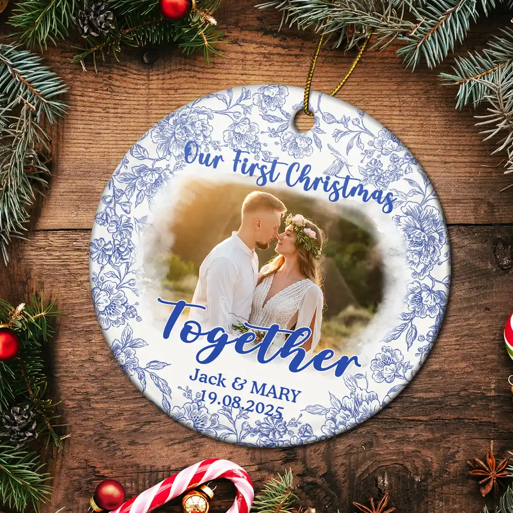 Custom Photo Our First Christmas Married - Personalized Circle Ceramic Ornament - Image 5