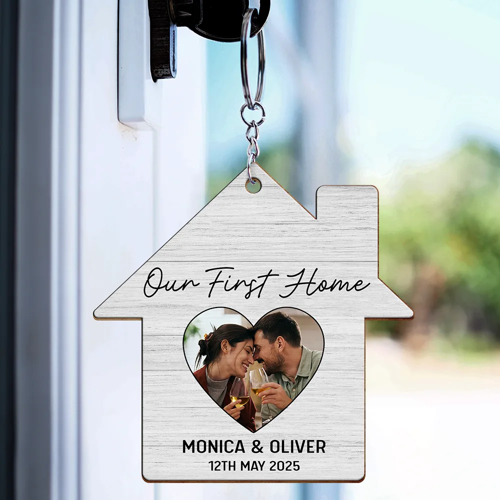 Custom Photo Our First Home Married Couple - Personalized Wooden Keychain - Image 3