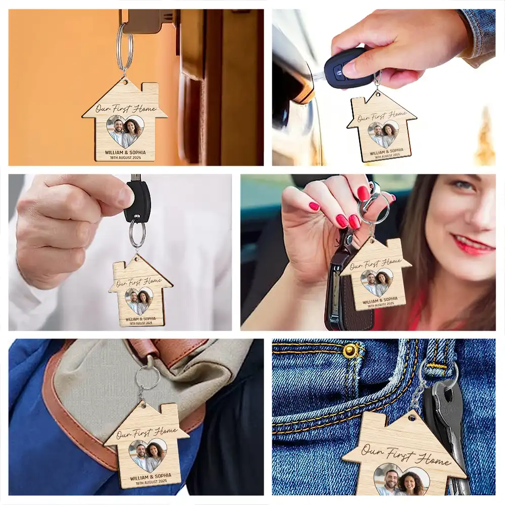 Custom Photo Our First Home Married Couple - Personalized Wooden Keychain - Image 6