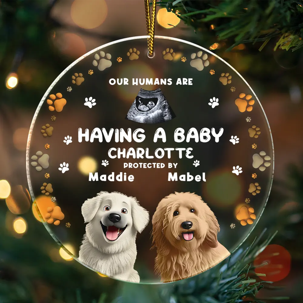 Custom Photo Our Humans Are Having A Baby Pregnancy Announcement Dog 3D Effect - Personalized Circle Acrylic Ornament - Image 3