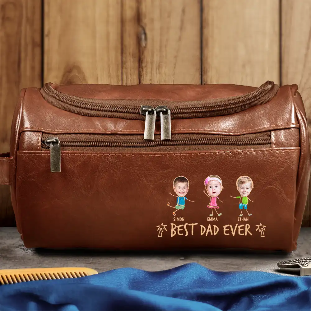 Custom Photo Outline Best Dad Ever - Personalized Leather Toiletry Bag - Image 4
