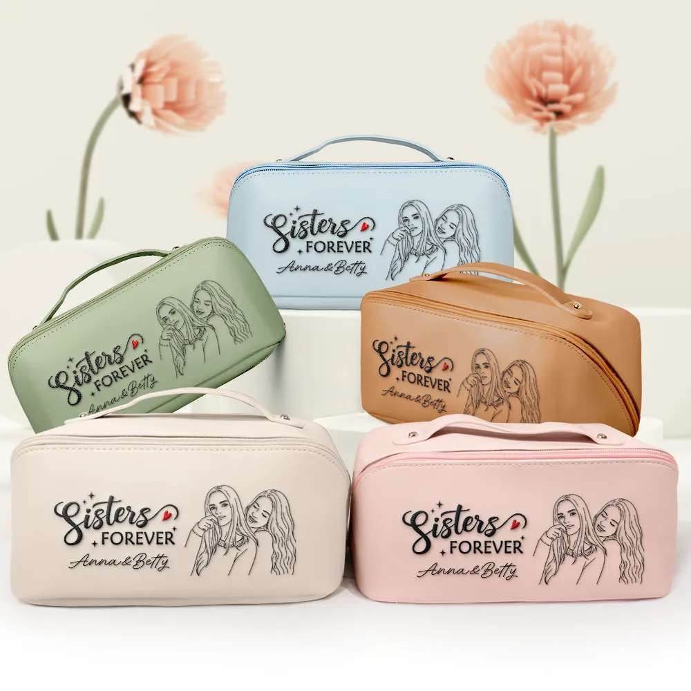 Custom Photo Outline Sketch Besties Sisters Forever - Personalized Embroidered Leather Makeup Bag - Image 4