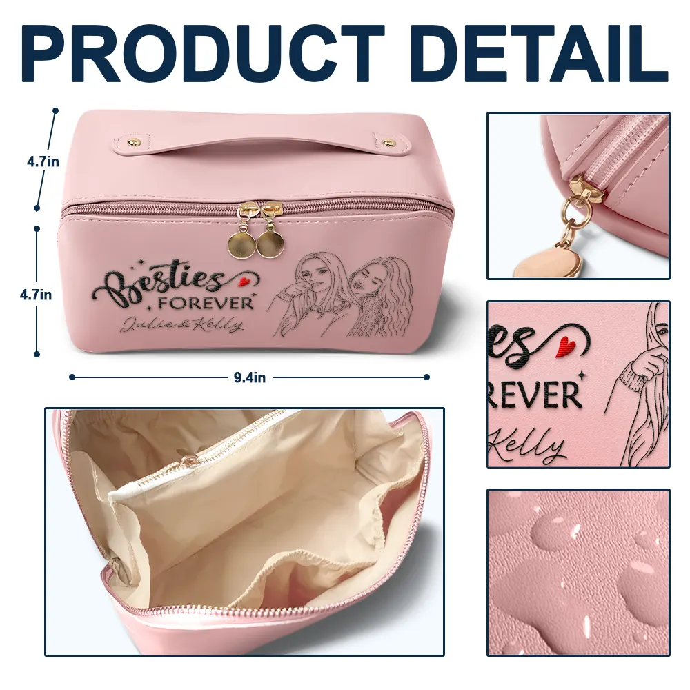 Custom Photo Outline Sketch Besties Sisters Forever - Personalized Embroidered Leather Makeup Bag - Image 5
