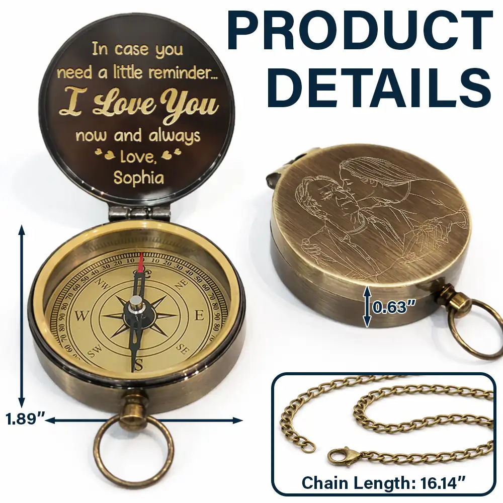 Custom Photo Outline Sketch In Case You Need A Little Reminder - Personalized Engraved Brass Compass - Image 4