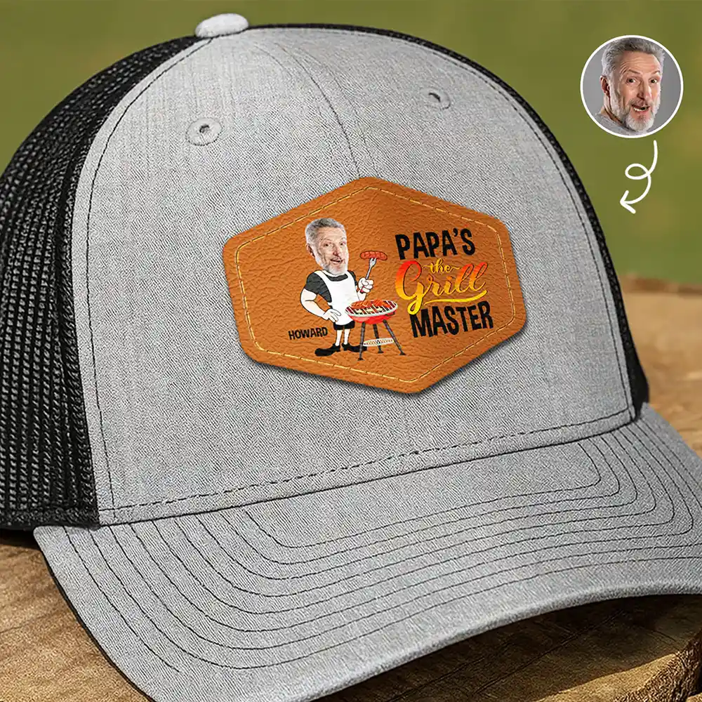 Custom Photo Papa The Grill Master BBQ Dad Grandpa - Personalized Leather Patch Hat