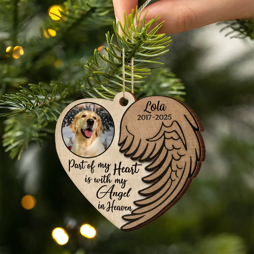 Custom Photo Part Of My Heart Is With My Angel In Heaven - Personalized 2-Layered Wooden Ornament - Image 2