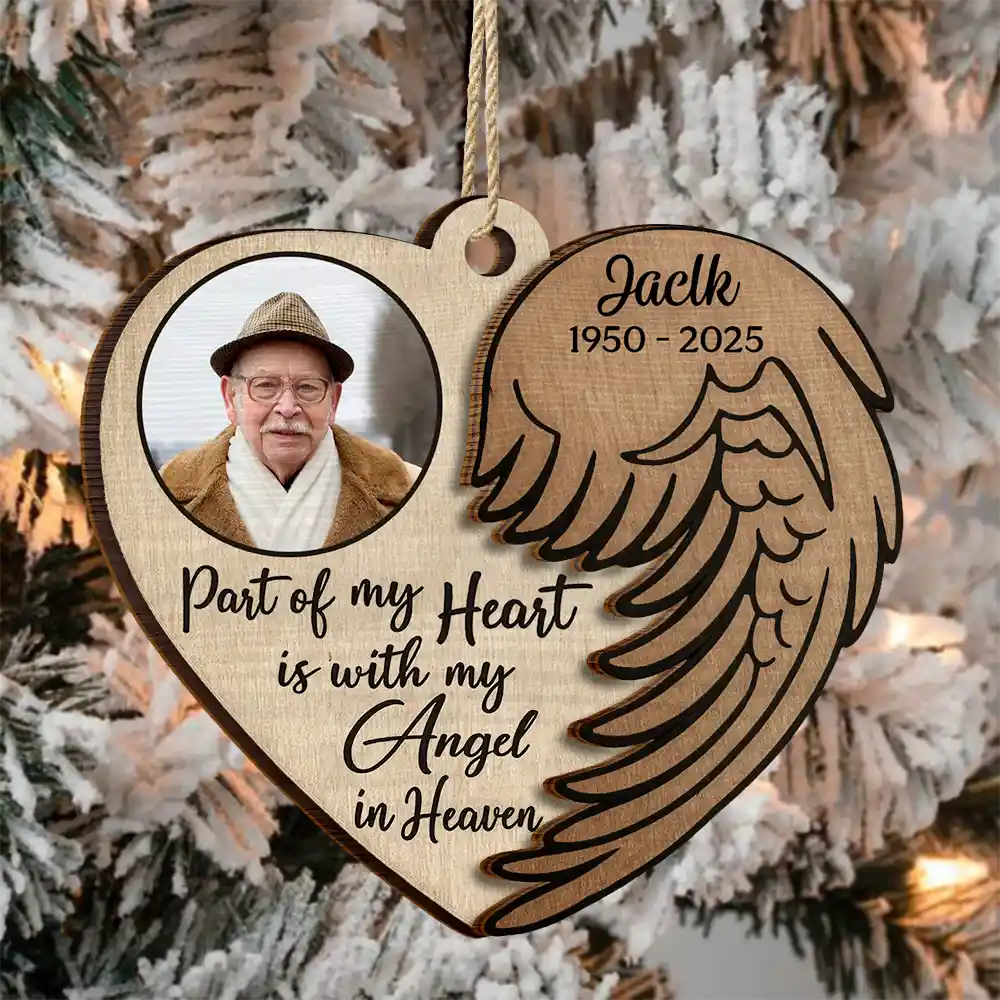Custom Photo Part Of My Heart Is With My Angel In Heaven - Personalized 2-Layered Wooden Ornament - Image 3