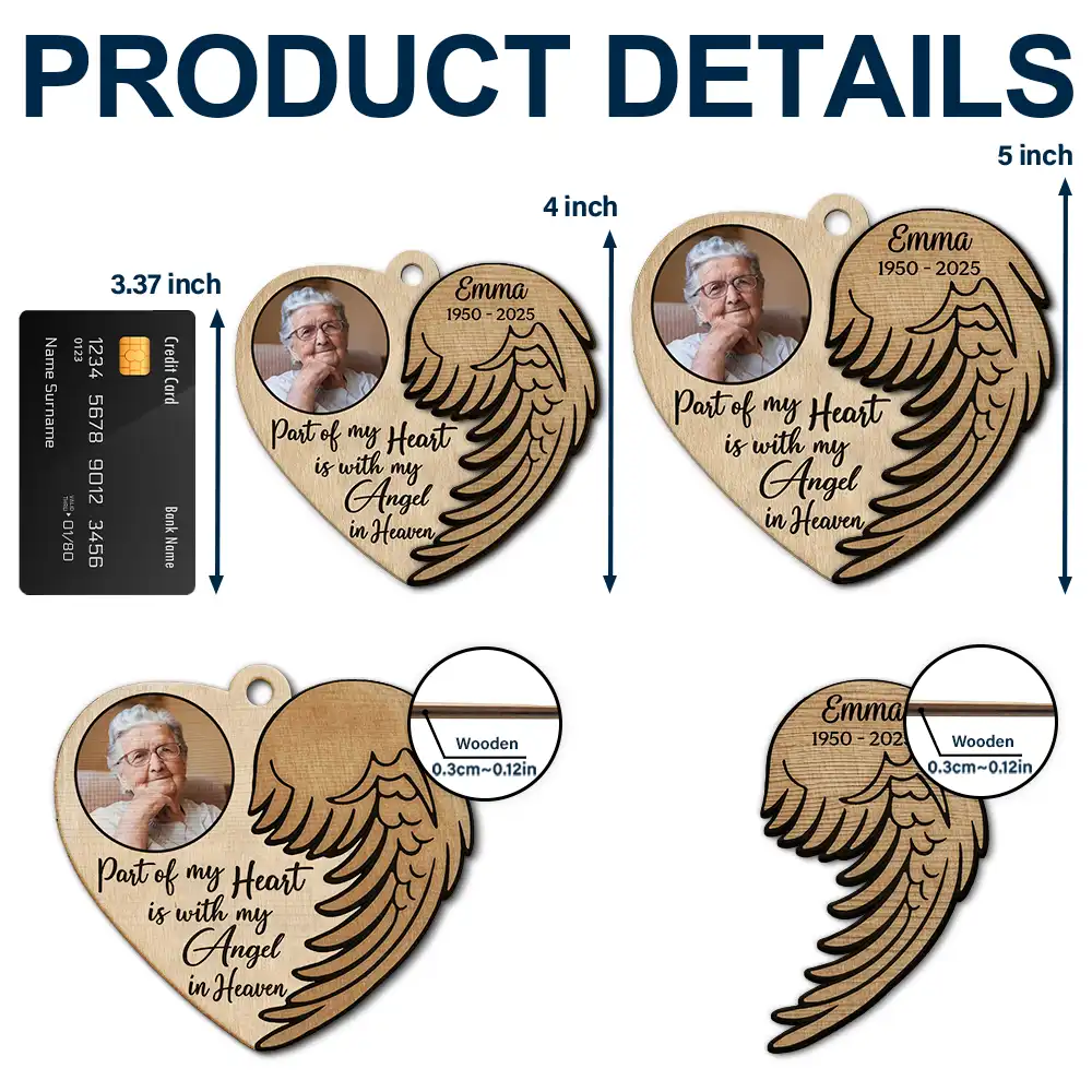 Custom Photo Part Of My Heart Is With My Angel In Heaven - Personalized 2-Layered Wooden Ornament - Image 5