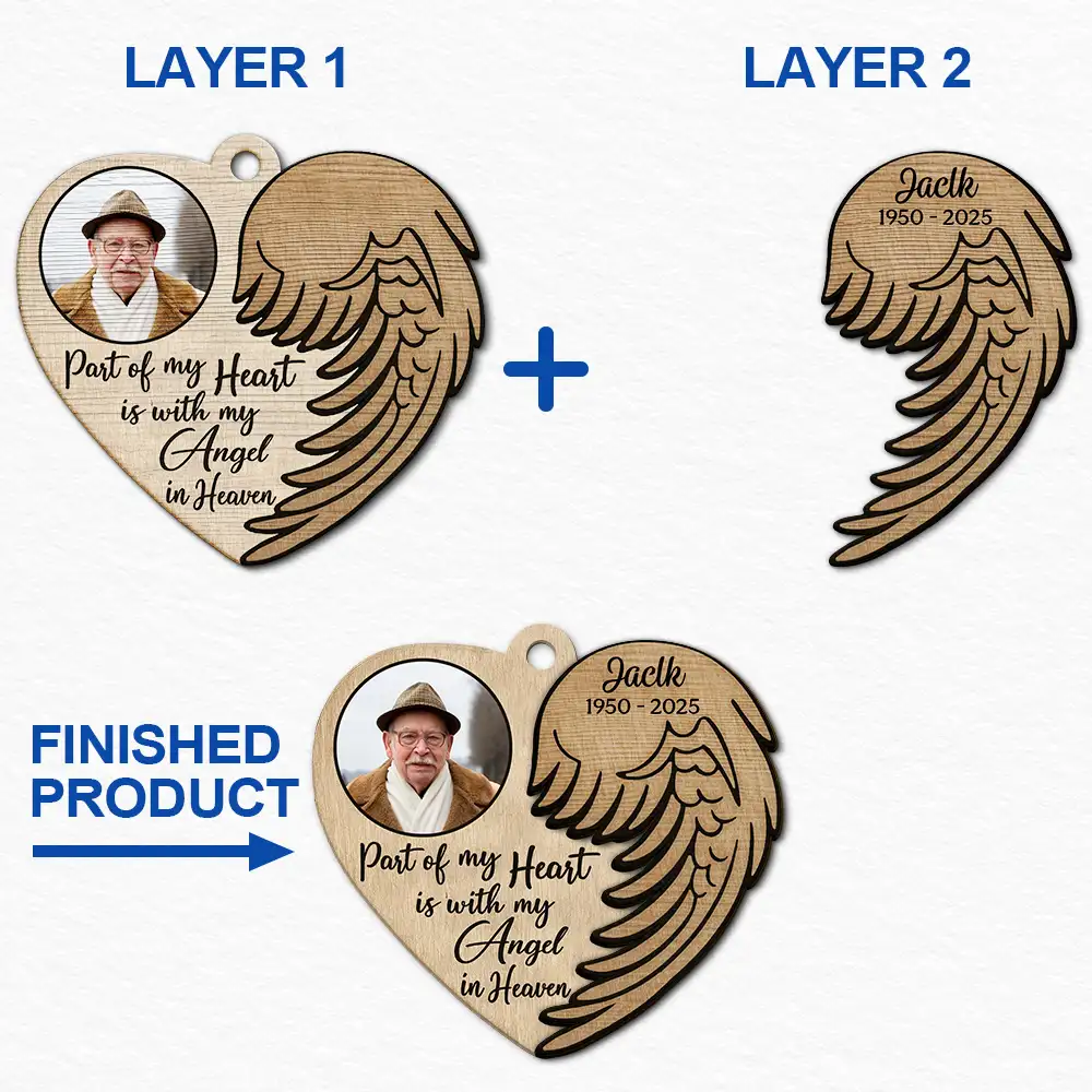 Custom Photo Part Of My Heart Is With My Angel In Heaven - Personalized 2-Layered Wooden Ornament - Image 6