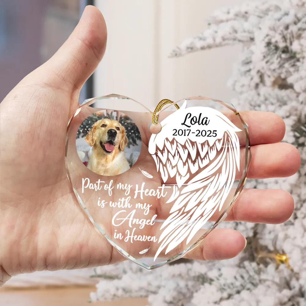 Custom Photo Part Of My Heart Is With My Angel In Heaven - Personalized Heart Shaped Glass Ornament - Image 3