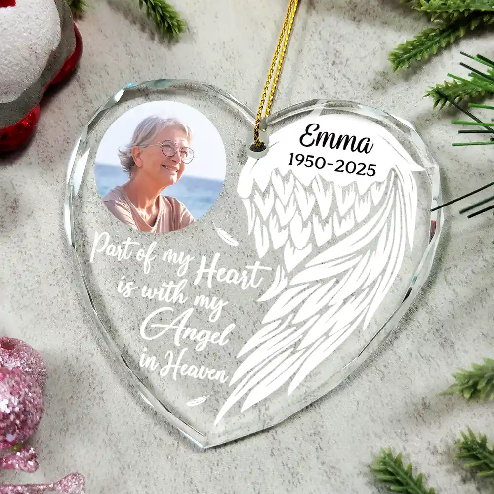 Custom Photo Part Of My Heart Is With My Angel In Heaven - Personalized Heart Shaped Glass Ornament - Image 4