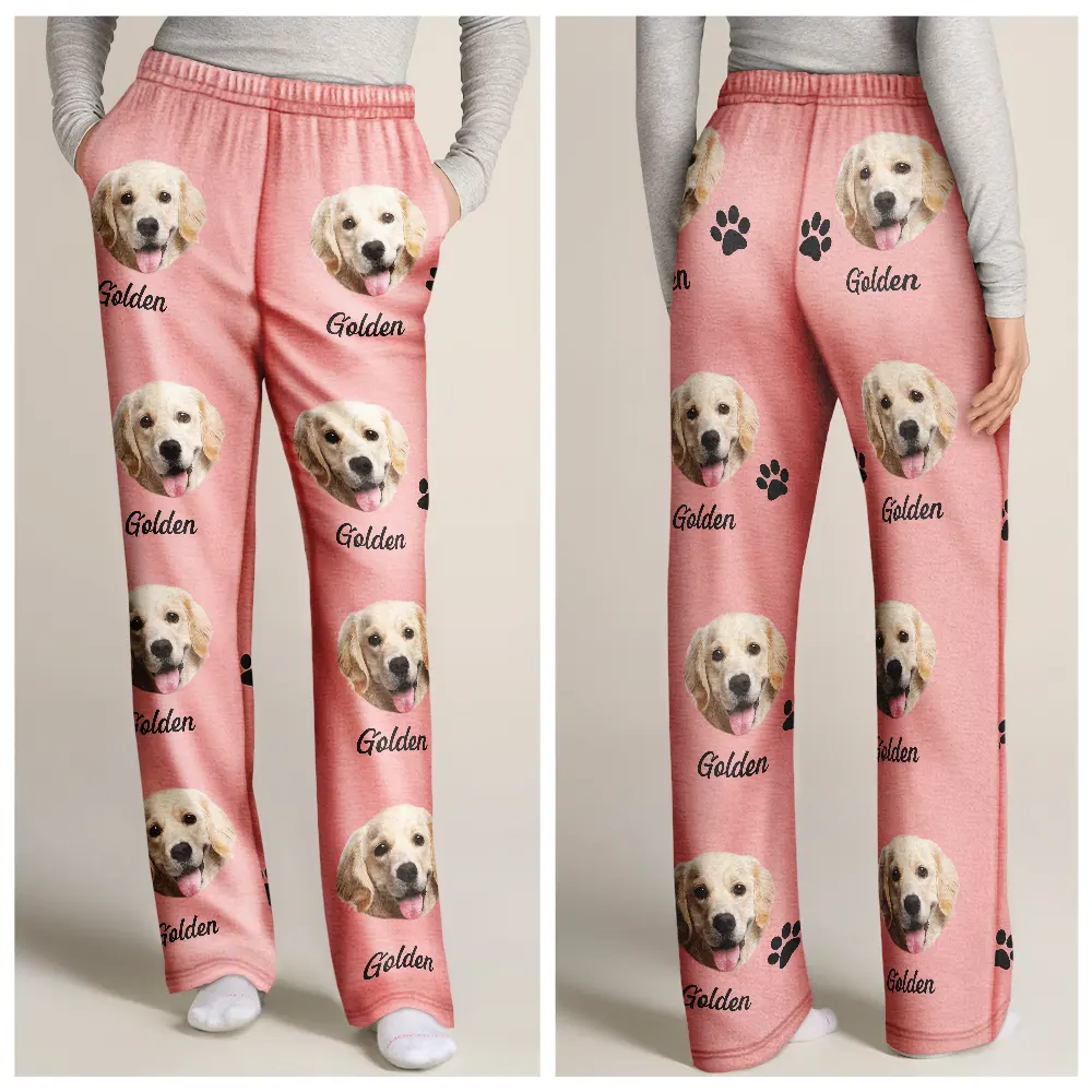 Custom Photo Paw Print Horseshoe Carrot Pattern Cute Pet Photo - Personalized Pajama Pants - Image 4