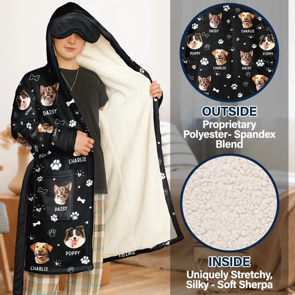 Custom Photo Paw Prints In My Heart Pet Mom Dad Dog Cat Lover - Personalized Hooded Robe - Image 3