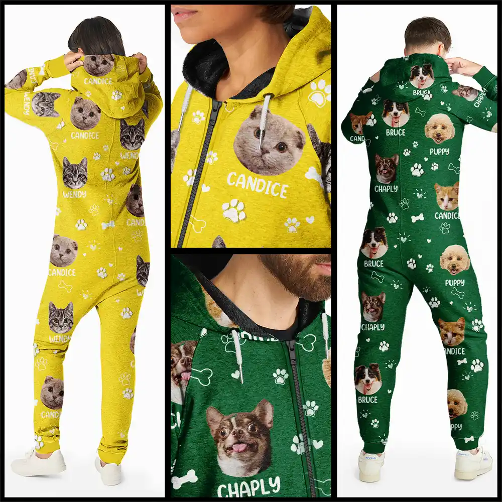 Custom Photo Paw Prints In My Heart Pet Mom Dad Dog Cat Lover - Personalized Overall Onesie Hooded Jumpsuit - Image 4