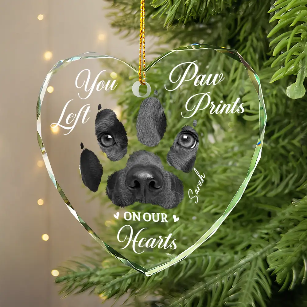 Custom Photo Paw Prints On My Heart - Personalized Heart Shaped Glass Ornament - Image 2