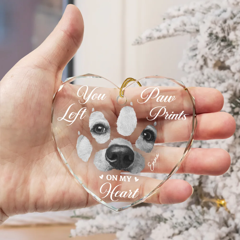 Custom Photo Paw Prints On My Heart - Personalized Heart Shaped Glass Ornament - Image 3