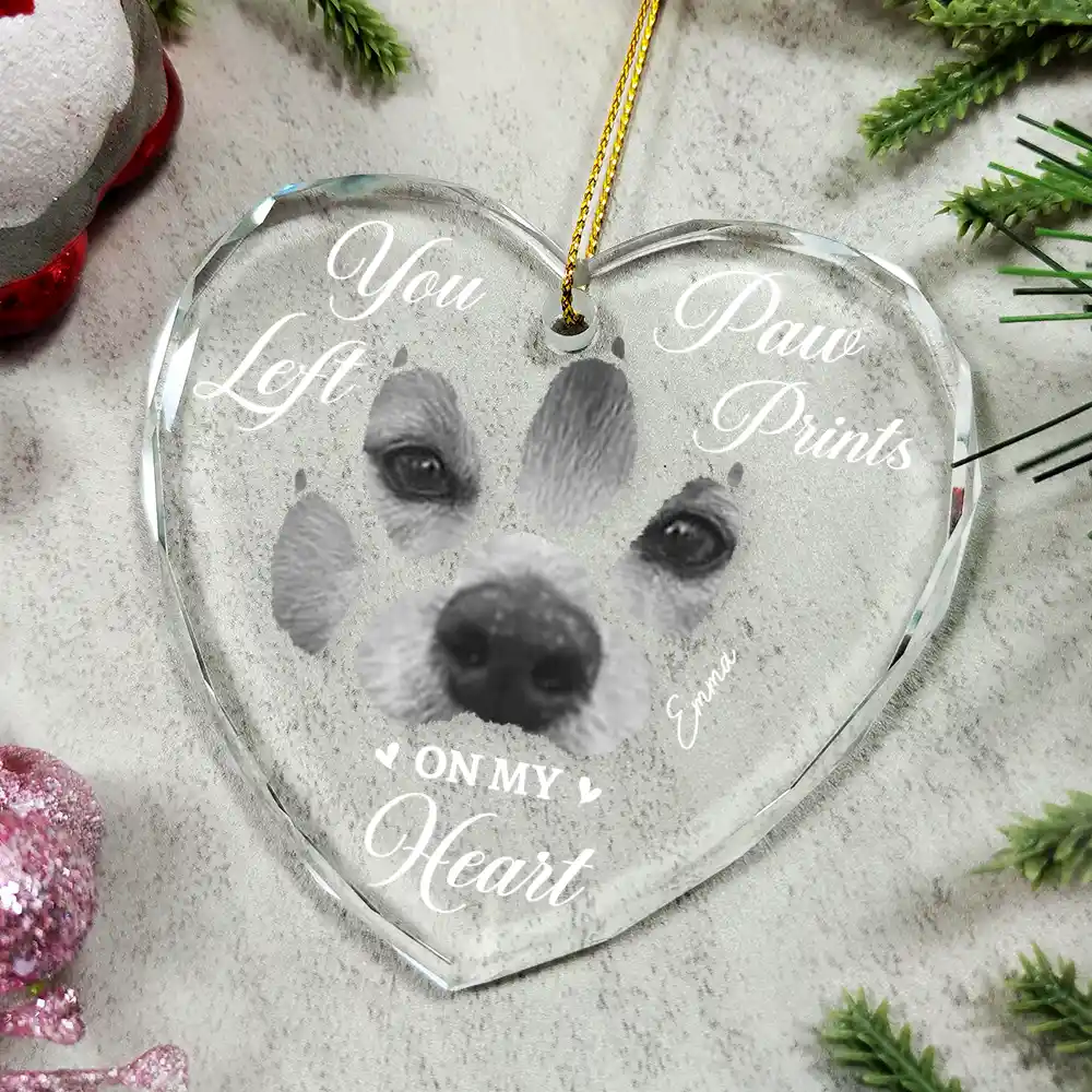 Custom Photo Paw Prints On My Heart - Personalized Heart Shaped Glass Ornament - Image 4