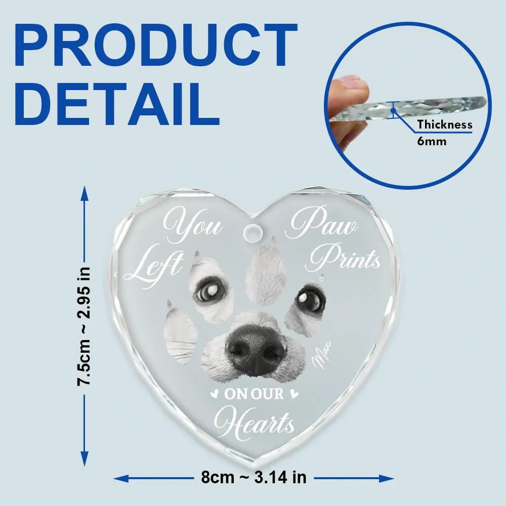 Custom Photo Paw Prints On My Heart - Personalized Heart Shaped Glass Ornament - Image 5