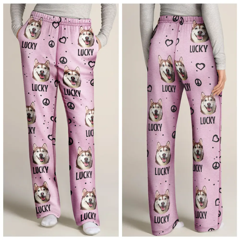 Custom Photo Peace Love Pet Face - Personalized Pajama Pants - Image 4