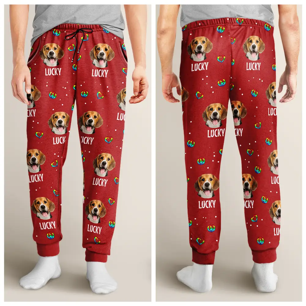 Custom Photo Peace Love Pet Face - Personalized Pajama Pants - Image 5